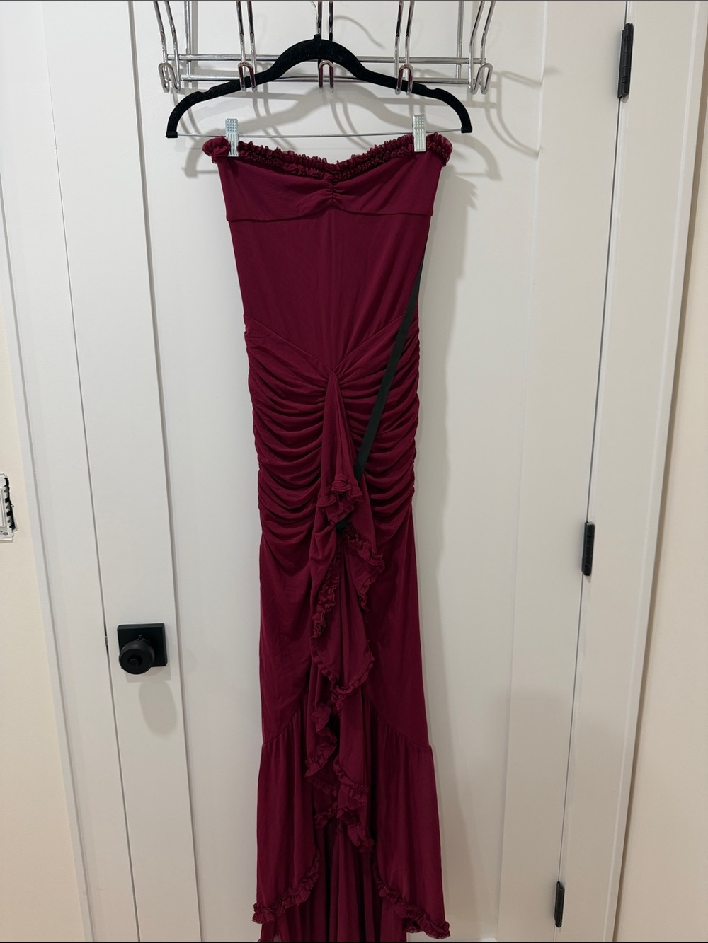 Strapless Ruched Maxi Dress in Wine